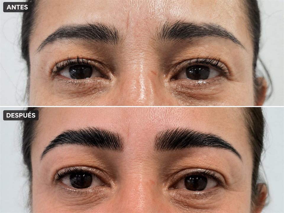 Antes y después real de diseño de cejas realizado por Nohuska Beauty Lab