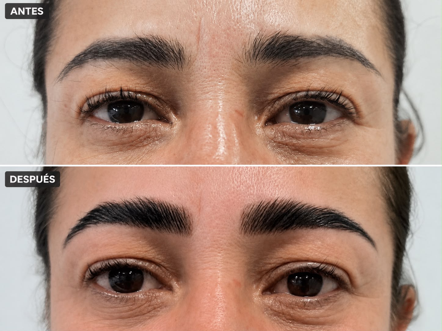Antes y después real de diseño de cejas realizado por Nohuska Beauty Lab