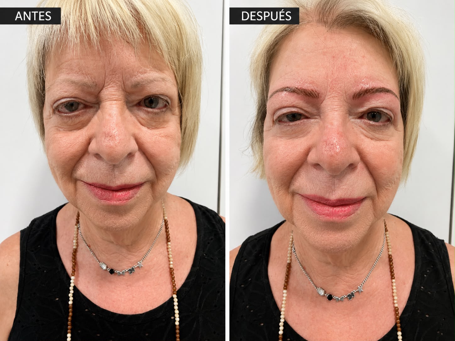 Antes y después real de cejas en piel madura realizado por Nohuska Beauty Lab